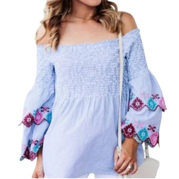 LOFT Off The Shoulder Blue Stripe Ruffle Floral Embroidered Top Large Petite - Picture 1 of 6
